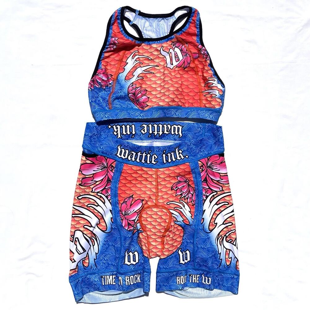 Wattie Ink Triathlon Shorts Sports Bra Womens XL Koi Fish Ocean Print Rock The